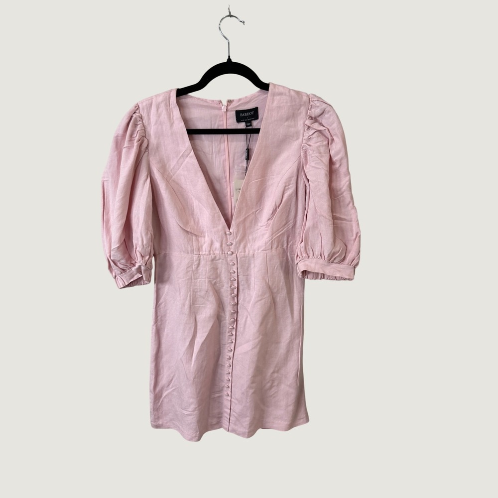Bardot Pink Mini Dress US 8 Linen Blend Milkmaid Feminine Peasant Puff Sleeve